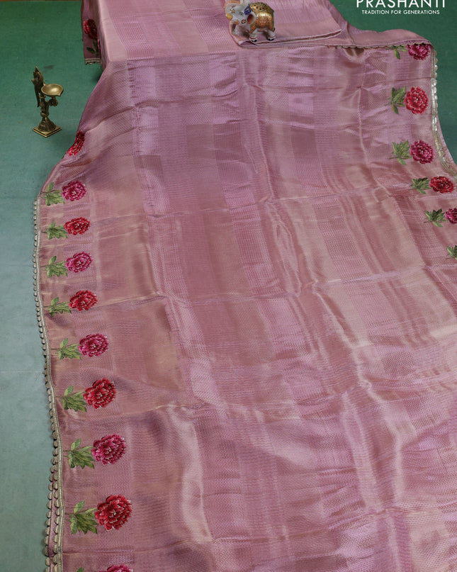 Banarasi silk saree peach pink with allover zari weaves and floral design embroidery border