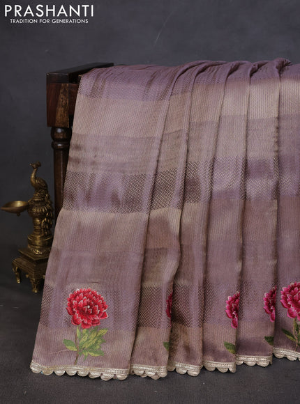 Banarasi silk saree pastel lavender with allover zari weaves and floral design embroidery border