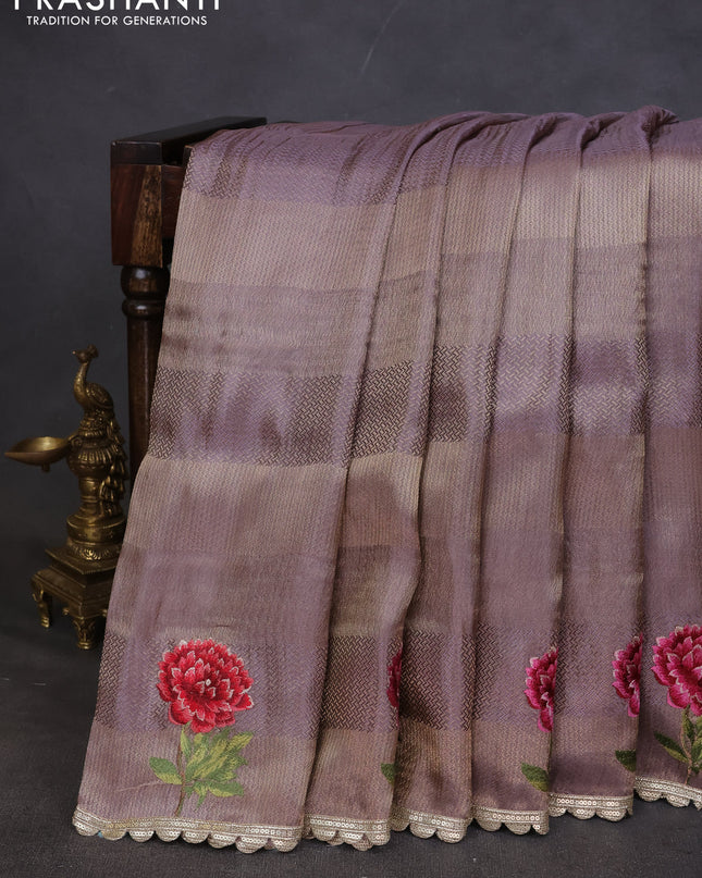 Banarasi silk saree pastel lavender with allover zari weaves and floral design embroidery border