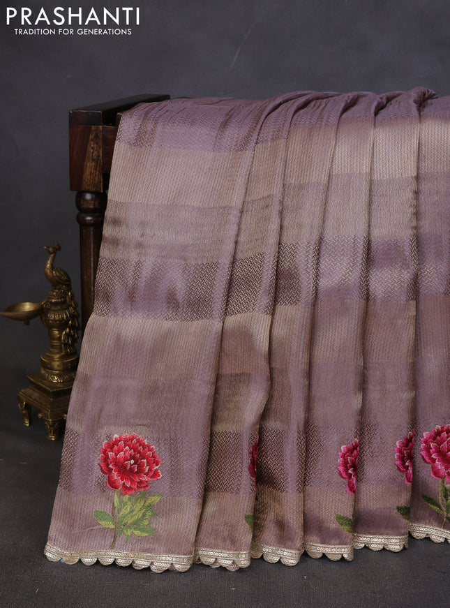 Banarasi silk saree pastel lavender with allover zari weaves and floral design embroidery border