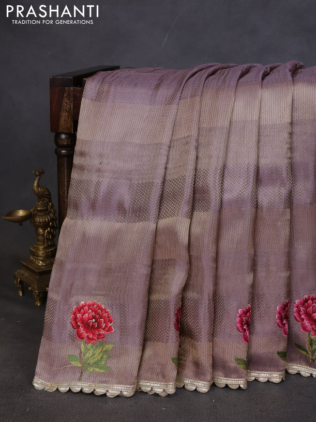 Banarasi silk saree pastel lavender with allover zari weaves and floral design embroidery border