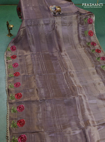 Banarasi silk saree pastel lavender with allover zari weaves and floral design embroidery border