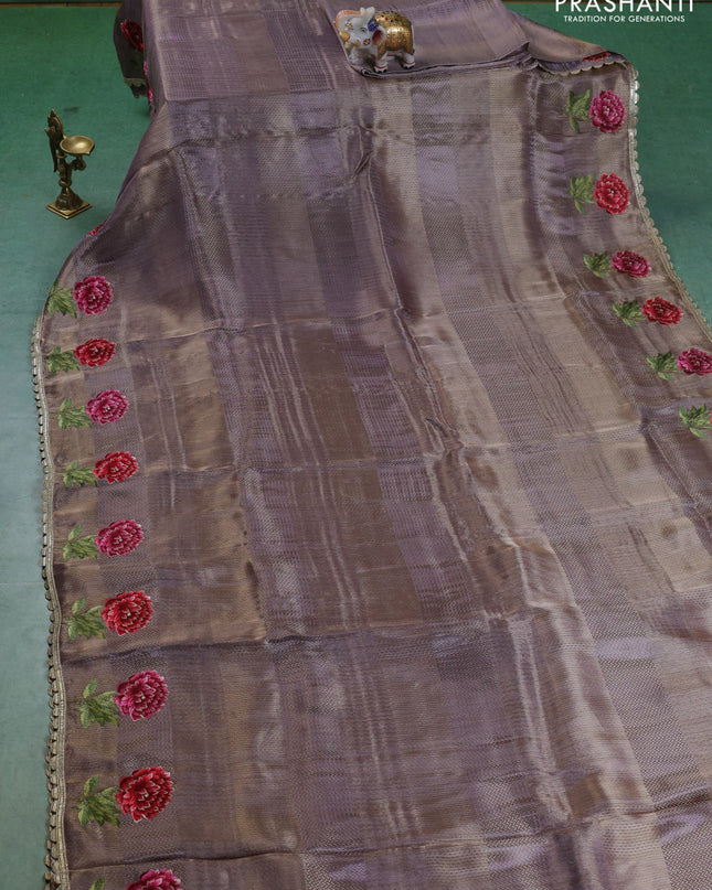 Banarasi silk saree pastel lavender with allover zari weaves and floral design embroidery border