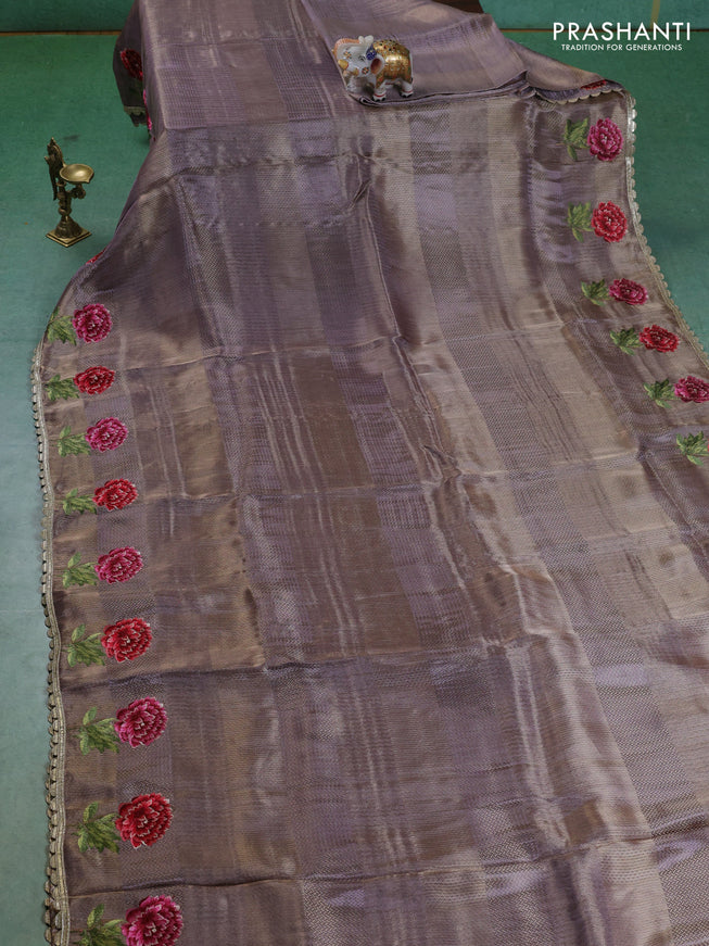 Banarasi silk saree pastel lavender with allover zari weaves and floral design embroidery border