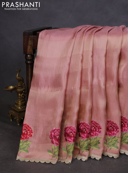 Banarasi silk saree mild peach with allover zari weaves and floral design embroidery border