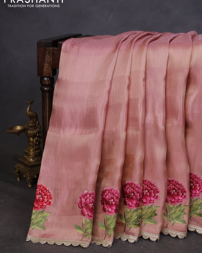 Banarasi silk saree mild peach with allover zari weaves and floral design embroidery border
