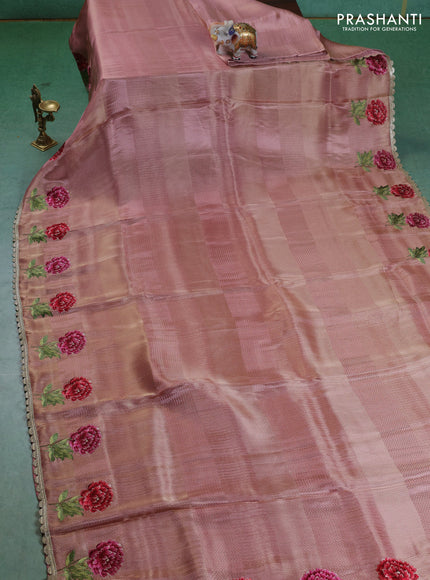 Banarasi silk saree mild peach with allover zari weaves and floral design embroidery border