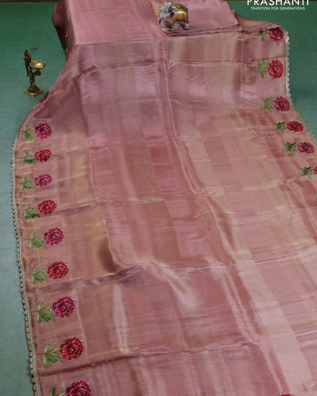 Banarasi silk saree mild peach with allover zari weaves and floral design embroidery border