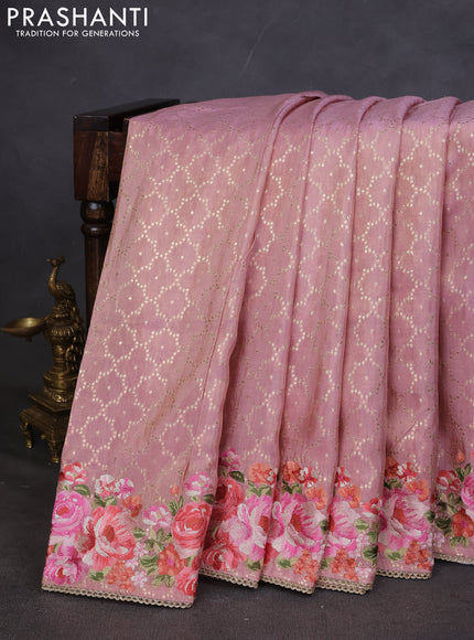 Banarasi silk saree peach pink with allover geometric zari weaves and floral design embroidery border