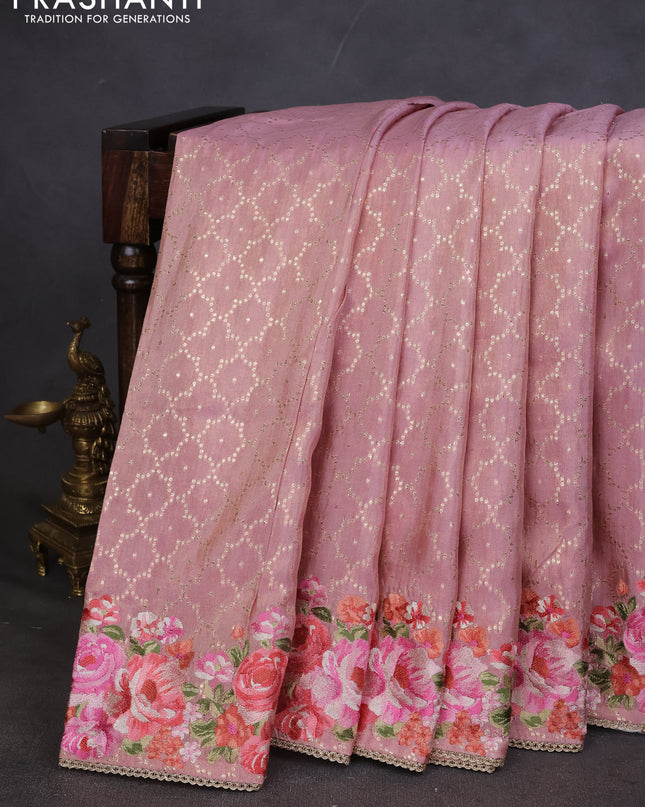 Banarasi silk saree peach pink with allover geometric zari weaves and floral design embroidery border