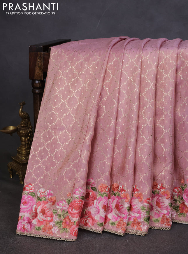 Banarasi silk saree peach pink with allover geometric zari weaves and floral design embroidery border