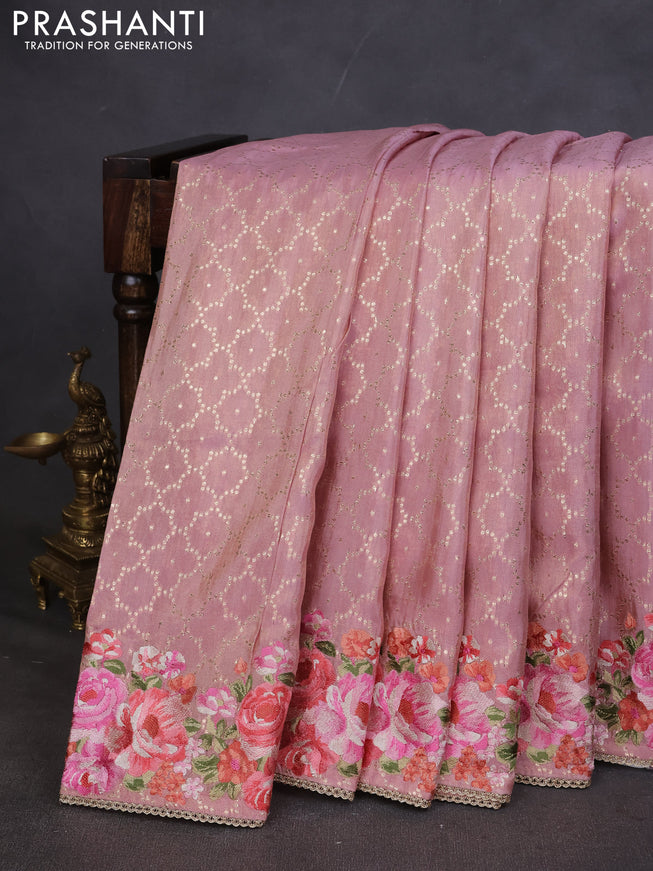 Banarasi silk saree peach pink with allover geometric zari weaves and floral design embroidery border