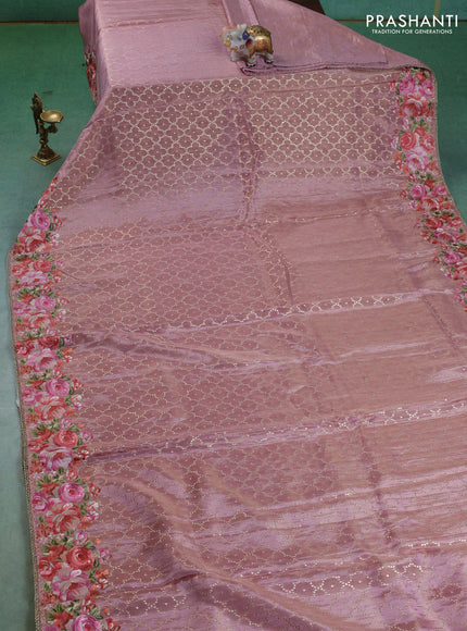 Banarasi silk saree peach pink with allover geometric zari weaves and floral design embroidery border