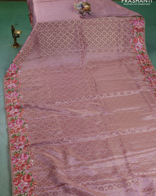 Banarasi silk saree peach pink with allover geometric zari weaves and floral design embroidery border