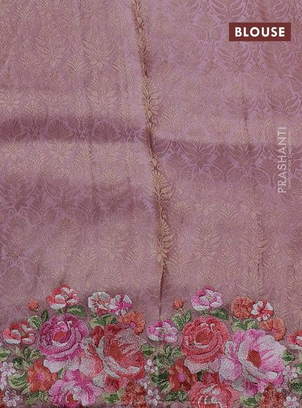 Banarasi silk saree peach pink with allover geometric zari weaves and floral design embroidery border