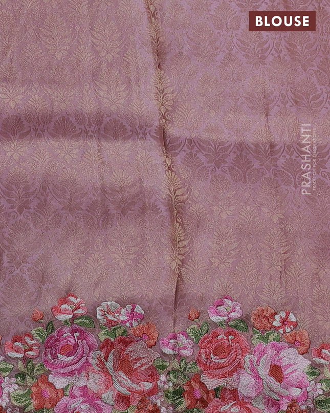 Banarasi silk saree peach pink with allover geometric zari weaves and floral design embroidery border
