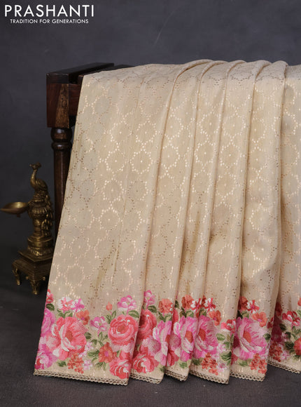 Banarasi silk saree beige with allover geometric zari weaves and floral design embroidery border