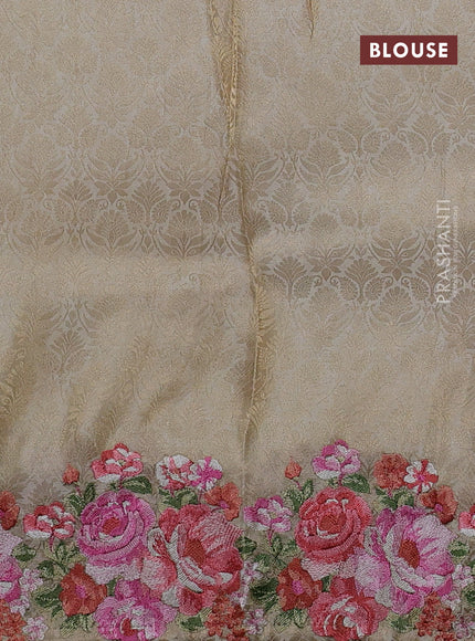 Banarasi silk saree beige with allover geometric zari weaves and floral design embroidery border