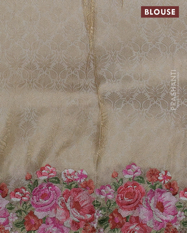 Banarasi silk saree beige with allover geometric zari weaves and floral design embroidery border