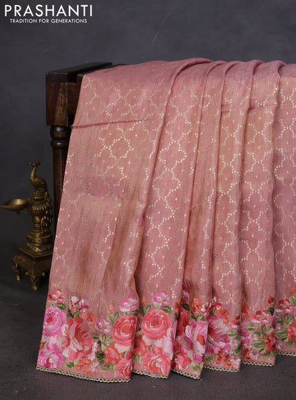 Banarasi silk saree peach shade with allover geometric zari weaves and floral design embroidery border