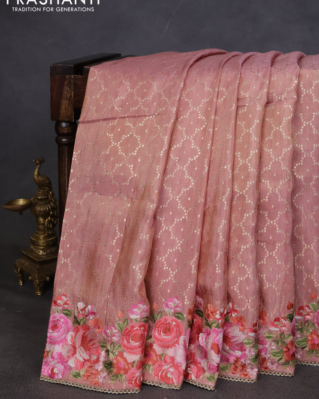 Banarasi silk saree peach shade with allover geometric zari weaves and floral design embroidery border