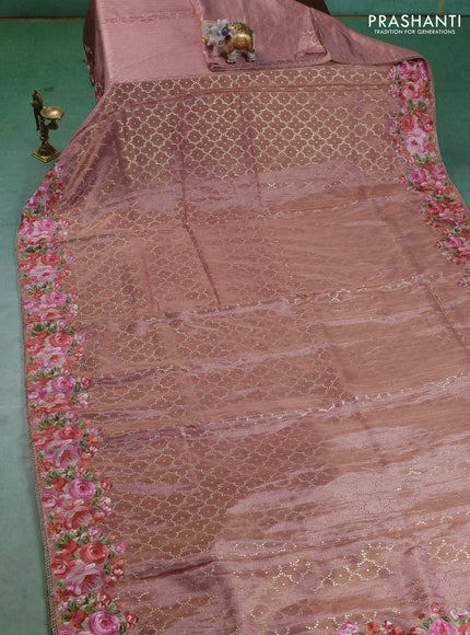 Banarasi silk saree peach shade with allover geometric zari weaves and floral design embroidery border