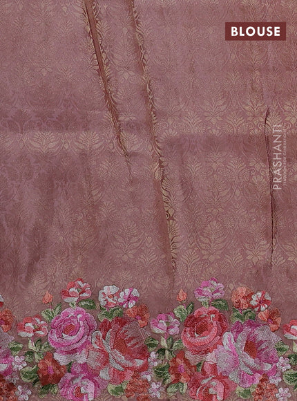 Banarasi silk saree peach shade with allover geometric zari weaves and floral design embroidery border