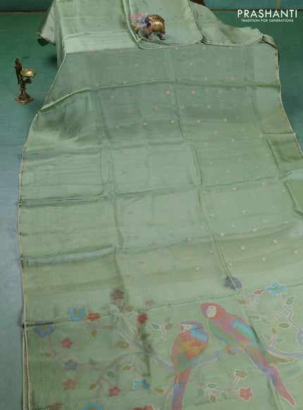 Kota silk saree pista green with zari woven buttas and self emboss border