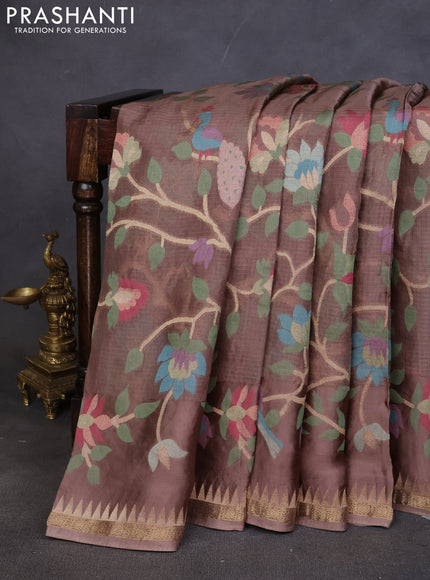 Kota silk saree brown with allover jamdhani weaves and temple design zari woven border