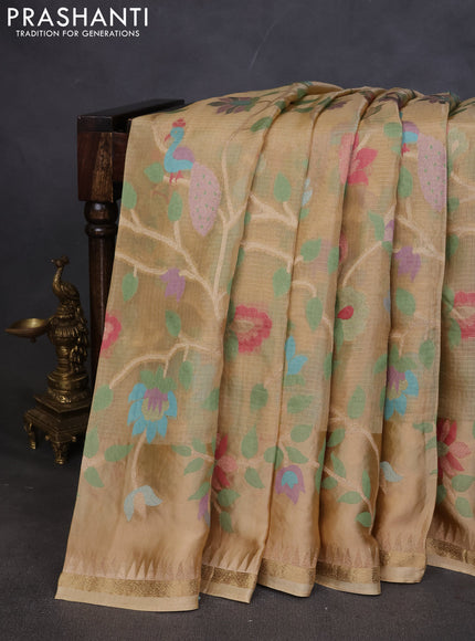 Kota silk saree sandal with allover jamdhani weaves and temple design zari woven border