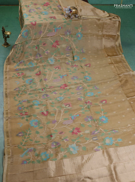 Kota silk saree sandal with allover jamdhani weaves and temple design zari woven border