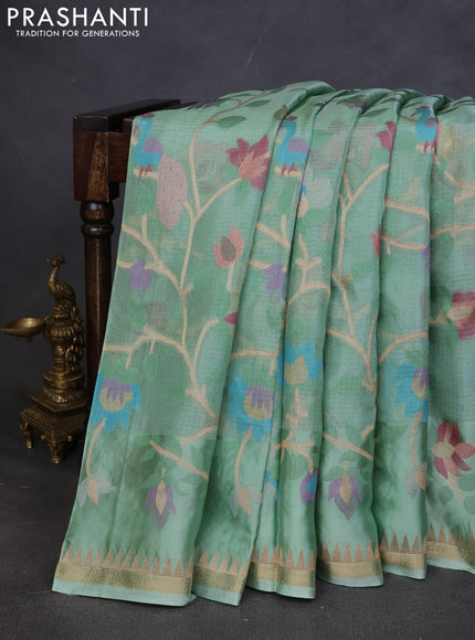 Kota silk saree pastel green with allover jamdhani weaves and temple design zari woven border