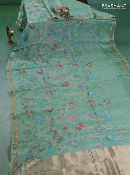 Kota silk saree pastel green with allover jamdhani weaves and temple design zari woven border