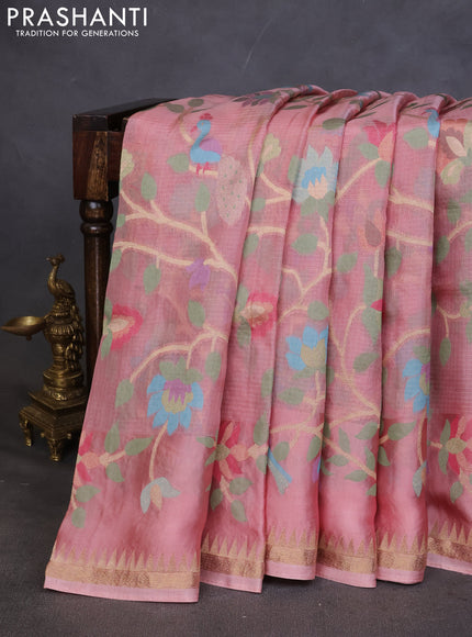 Kota silk saree peach pink with allover jamdhani weaves and temple design zari woven border