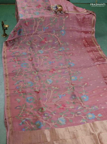 Kota silk saree peach pink with allover jamdhani weaves and temple design zari woven border