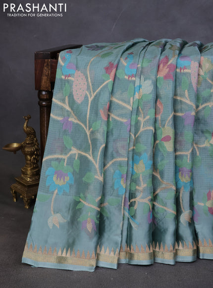 Kota silk saree pastel blue with allover jamdhani weaves and temple design zari woven border