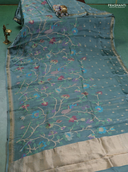 Kota silk saree pastel blue with allover jamdhani weaves and temple design zari woven border