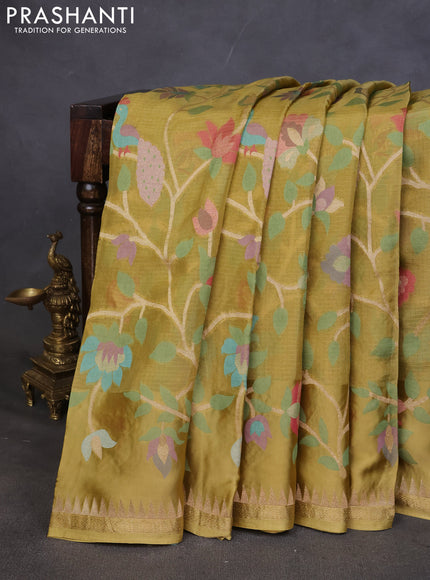 Kota silk saree lime green with allover jamdhani weaves and temple design zari woven border