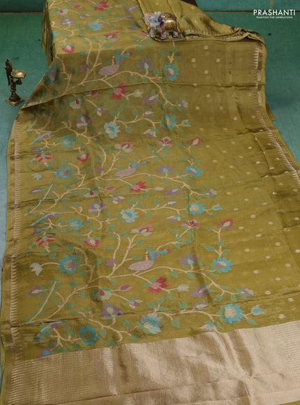 Kota silk saree lime green with allover jamdhani weaves and temple design zari woven border
