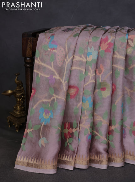 Kota silk saree pastel grey with allover jamdhani weaves and temple design zari woven border