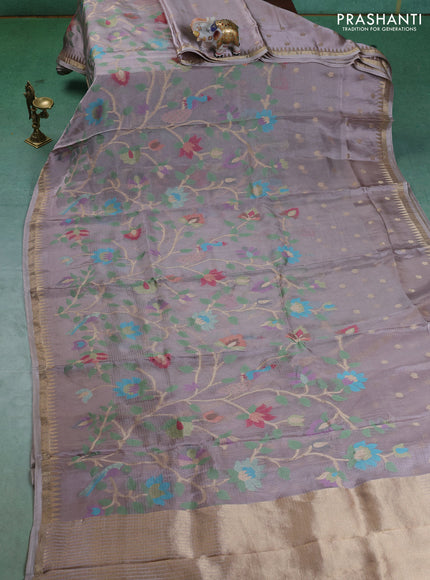 Kota silk saree pastel grey with allover jamdhani weaves and temple design zari woven border