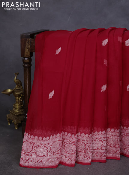 Pure banarasi chiffon saree red with silver zari woven buttas and silver zari woven border
