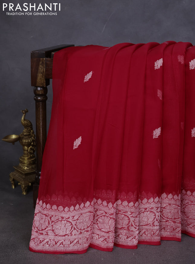 Pure banarasi chiffon saree red with silver zari woven buttas and silver zari woven border