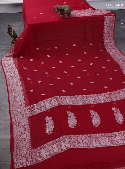 Pure banarasi chiffon saree red with silver zari woven buttas and silver zari woven border