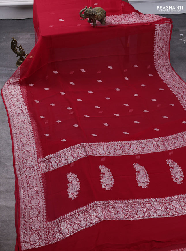 Pure banarasi chiffon saree red with silver zari woven buttas and silver zari woven border