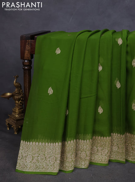 Pure banarasi chiffon saree light green with silver zari woven buttas and silver zari woven border