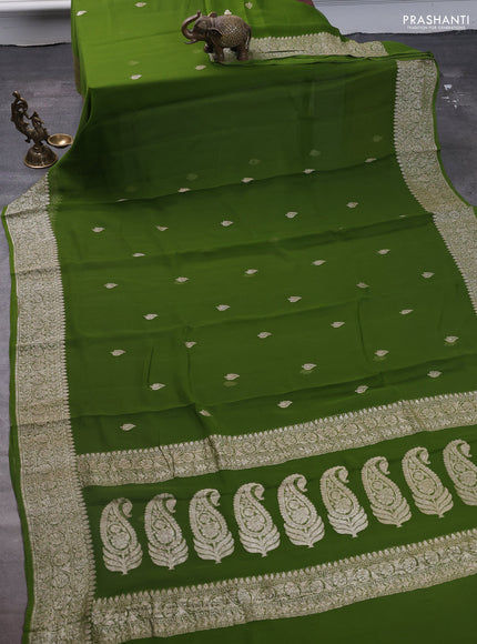 Pure banarasi chiffon saree light green with silver zari woven buttas and silver zari woven border