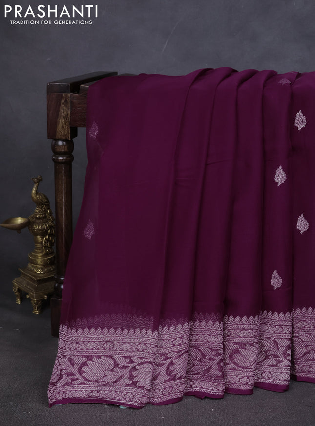 Pure banarasi chiffon saree purple with silver zari woven buttas and silver zari woven border