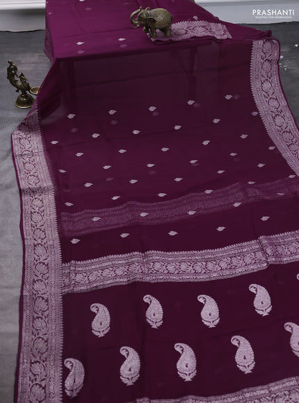 Pure banarasi chiffon saree purple with silver zari woven buttas and silver zari woven border