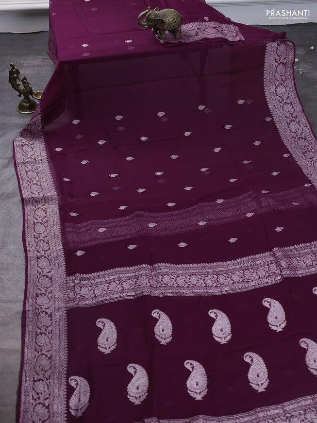 Pure banarasi chiffon saree purple with silver zari woven buttas and silver zari woven border